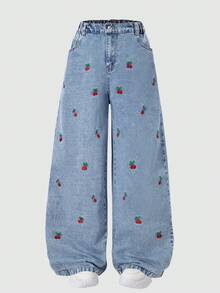 Casual Distressed Denim Jeans With Embroidery Design, Straight Leg Cut For Girls