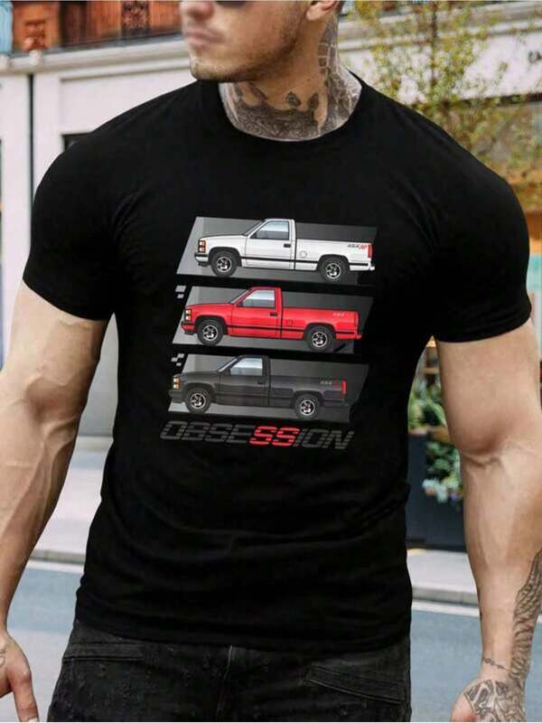 Camiseta Clásica De Obsesión Con Camiones Para Hombre - Camiseta Vintage De Camioneta, Regalo Para Amantes De Los Coches, Cómoda Para Uso Diario, Camiseta Negra De Cuello Redondo Y Manga Corta, Camiseta De Moda Automotriz