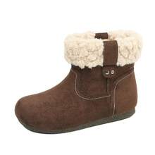 Botas de Nieve de Gamuza Vintage para Mujeres 2025 Botas Cortas de Terciopelo de Invierno Punta Redonda Plana Uso Bidireccional Zapatos Cálidos para Mujeres - Marrón - Ver 13