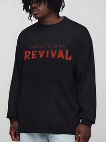 Fashionable Hip Hop For Men Long Sleeve T Shirts Black Treats Oak Revival Graphic Print Street Wear Graphic T Shirt Funny Vintage Shirts Regular Fit Street Style Digital Print Ideal Gift - 黑色 - 查看 4