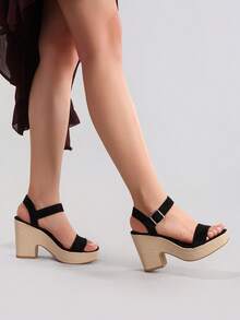 厚底坡跟凉鞋，度假休闲优雅高跟露趾厚底拖鞋，日常时尚麂皮鞋 - 黑色 - 查看 10