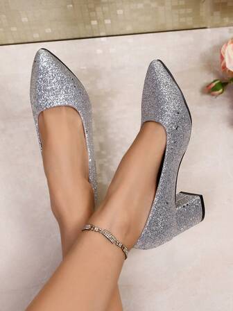 Tacones altos elegantes con punta puntiaguda y lentejuelas ligeros para mujer, tacón grueso con strass deslizante, suela cómoda, adecuados para todas las estaciones y cualquier ocasión