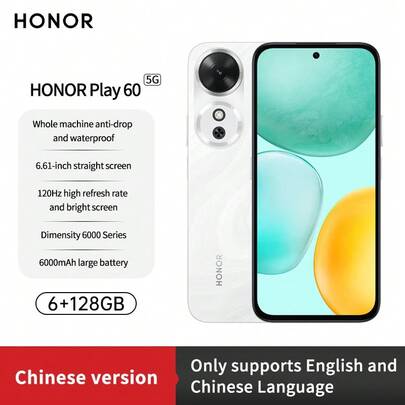 Honor 华为荣耀Play 60m，6000mAh超长续航，120Hz爱眼高刷新率LCD屏幕，天玑6300芯片，IP64防摔防水，6.61英寸5G手机，15W快充，1300万像素主摄像头，5G新款智能手机，中国版双卡双待，仅支持中英文。