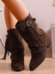 hanxiangyuzu 女士复古圆头流苏高跟靴，新款秋冬时尚粗跟搭扣踝靴，西部风格侧拉链 - 咖色 - 查看 7