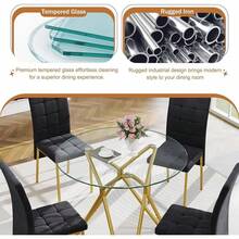 5-Piece Dining Table Set With 4 Black Chairs, 36" Round Dining Table & Chairs Set For 4, Circle Kitchen Table With Gold Metal Frame & Tempered Glass Top, Perfect For Small Space - 僅35.4吋圓桌 - 查看 6