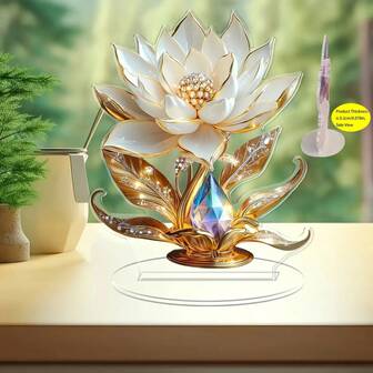 2D Acrylic Elegant White Lotus Flower Desktop Decor, Gold Strawberry & Crystal Ornaments, Suitable For Dining Table Center, Office Or Desk Decoration, Perfect Holiday Or Birthday Gift, Easy Assembly, High-End Fashion