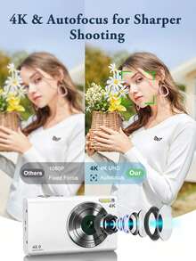 Digital Camera, Auto Focus FHD 4K Vlogging Camera 48MP 16X Digital Zoom Compact Camera With 32GB Memory Card Portable Point And Shoot Cameras For Teens Beginner Adult