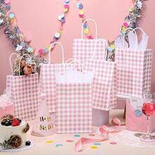 320 Pcs Pink Gift Bags With Handles Pink Gingham Party Plies Treat Goodie Bags With Tissue Paper For Baby Shower Decorations Birthday Party 6.2x3.1x8.3 In - 粉紅格子 - 查看 4