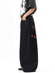 1件 Justice Brother 休闲个性化印花黑色宽松阔腿牛仔裤，男女通用街头风通勤裤（不含腰带和配饰） - 深色水洗藍 - 查看 3