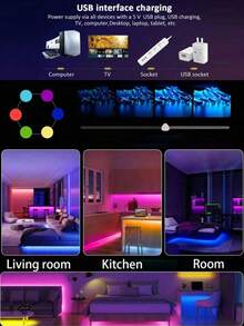 24键USB氛围灯带，带红外遥控器、智能手机蓝牙和APP双控，5V 7色电视背景氛围灯，电竞室室内氛围灯，RGB灯带套装，NBBUFF 3英尺-100英尺LED灯带，适用于卧室装饰，变色灯带，带24键遥控器和APP控制，定时设置，安装非常简便，RGB灯带适用于房间、家居装饰、圣诞节装饰、万圣节装饰 - 多色光 - 查看 9