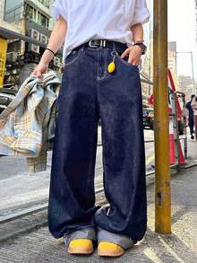 1件男士复古水洗宽松直筒牛仔裤，休闲街头风男女通用阔腿裤（不含腰带和配饰）