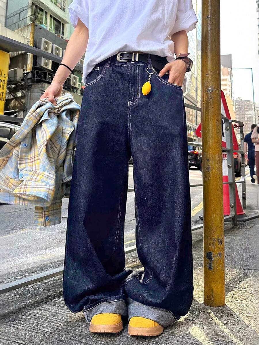 1件男士复古水洗宽松直筒牛仔裤，休闲街头风男女通用阔腿裤（不含腰带和配饰）