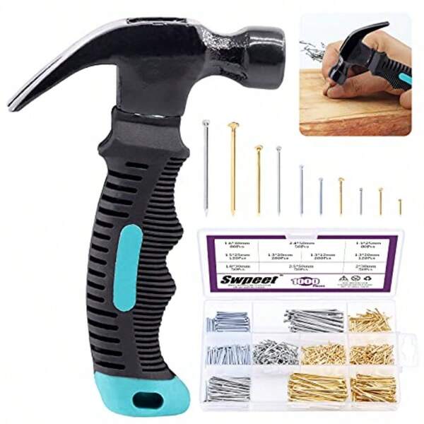 Swpeet 1000Pcs Hardware Nail Assortment Kit With 8oz Samll Claw Hammer Mini Hammer With Anti-Slip Handle And Galvanized Nails Picture Hanging Nails Finishing Nails