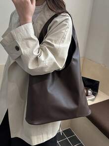Women's Solid Color PU Leather Fashion Large Capacity Shoulder Bag For Daily Use - Coffee - View 4