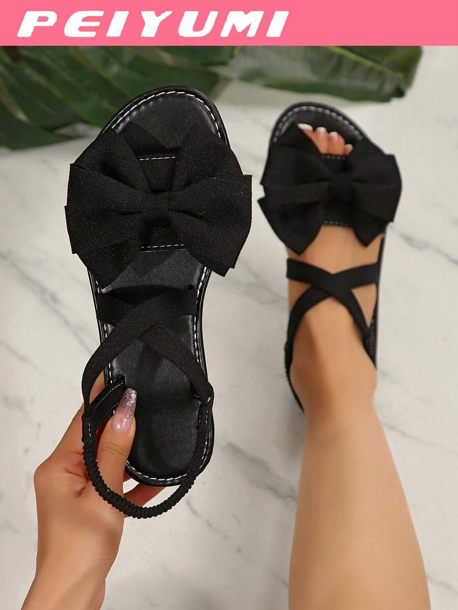 PEIYUMI Women's Summer Sandals, Elegant Bow Decor, Criss-Cross Strap Design, Comfortable Medium Heel, Stretchy Elastic For Easy Wear, Suitable For Beach, Casual Gatherings