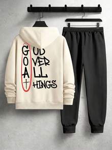 SECRET BASE Men's "God Over All Things" Religious Graphic Hoodie And Sweatpants Set - Oversized Streetwear Tracksuit - Màu be - Xem 3