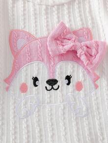Baby Girls Autumn/Winter Fashion Cute Round Neck Knitted Long Sleeve Embroidered Cartoon Fox Pattern Bow Decor Sweatshirt And Elastic Waist Pink Textured Fabric Pants Set, Suitable For Outings, Home, And Street Wear - White - View 4