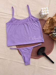 Lingerie Set: Thong Top (No Padding), Ribbed Suede Fabric, Comfortable, Butt-Lifting Effect. - Púrpura polvoriento - Ver 3