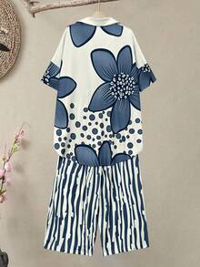 女士加大码波西米亚风度假印花两件套 - 短袖翻领不对称下摆衬衫 + 条纹阔腿裤，休闲夏季装扮，休闲服饰|印花上衣|质感，女士秋季优雅服装 - 藍色 - 查看 2