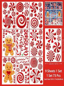 73pcs/9sheets Christmas Candy Window Clings, Reusable Red Candy Gingerbread Man Static Cling Stickers, Suitable For Christmas Party Glass Decorations - Multicolor - View 8