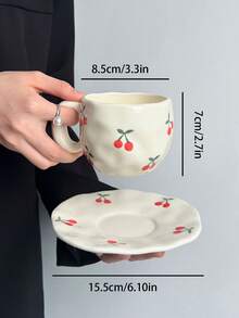 1pc Cherry Coffee Cup & Saucer Set, High-End Afternoon Tea Cup, Water Mug, Unique Gift, Multifunctional, Heat-Resistant, Dishwasher , Suitable For Parties And Gifts - Multicolor - View 10