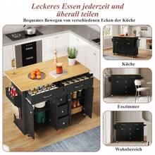 Carrito de cocina multifuncional con encimera plegable, 120*65 cm expandible, con 5 cajones, gabinetes, soporte para especias y toallas, sobre ruedas - Isla de cocina para cocina, comedor y sala de estar - Negro+Natural+MDF+Cocina - Ver 4