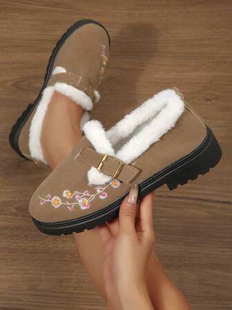 Zapatos de moda de invierno para mujer, forro de felpa suave y cómodo, cuello de felpa para mantener el calor, adecuado para uso interior y exterior, parte superior del zapato suave con diseño floral bordado, cómodo y ligero para actividades al aire libre/interiores