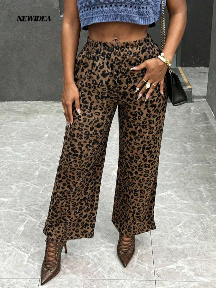 Women Stylish Brown Leopard Print Wide Leg Pants, High Waist Loose Fit Textured Design, Summer Hit, Suitable For Summer Going Out Party Casual - Brown - View 1