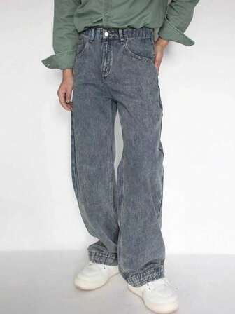 复古水洗雪花宽松直筒牛仔裤，适合青少年男孩，休闲美式风格，宽松版型，春秋新品，适合青少年和大男孩