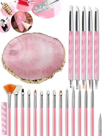 22/21 Pcs Black Nail Art Tool Set, Include 15 Nail Art Brushes , 1 Resin Palette Nail Art Painting, 5 Mixed Color 2 Way Acrylic Silicone Carving Pen Dotting Pen, Tool Manicure Kit, DIY Makeup Display Board, For Home Salon