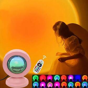 16-färgs RGB-solnedgångs-LED-nattlampaprojektor med fjärrkontroll - romantisk regnbågsprojektion, lämplig för sovrums- och vardagsrumsinredning, perfekt för fest, bröllop, camping och semesteratmosfär, USB-driven, sovrumsljusprojektor