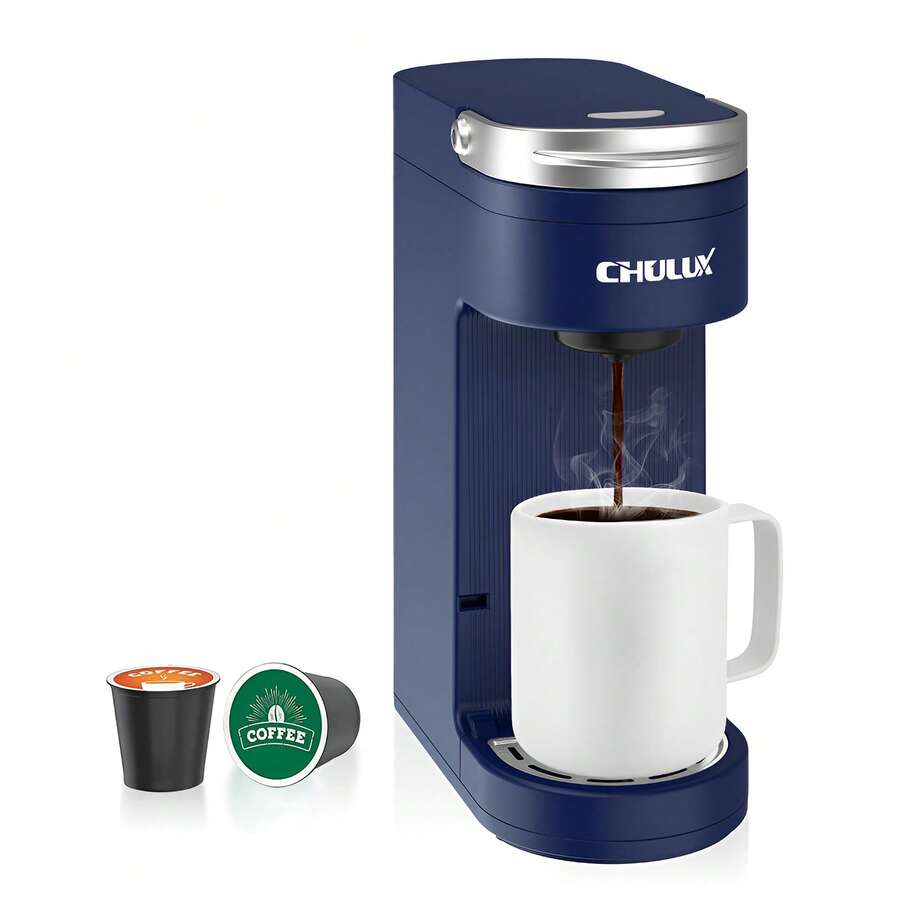 CHULUX Slim Single Serve Coffee Maker For K-Pods, Travel Coffee Machine With 12oz, Navy Blue