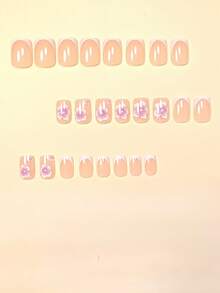 使用 24 片短方形按压指甲立即提升您的外观，充满活力的青少年心形粉色樱花波尔卡圆点假指甲，简单的日常白色法式全覆盖可穿戴指甲，适合假期、约会全覆盖假指甲，适合女性和女孩，包括 1 张粘合标签和 1 件迷你锉刀条果冻凝胶随机发货指甲用品指甲 - 粉色 - 查看 2