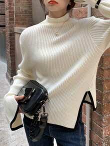 Medio cuello alto Irregular Chic Bottom Sweater Ropa interior de mujer Top de punto asimétrico con cuello medio alto para mujer Otoño/Invierno Elegante prenda interior Diseño chic Prenda de punto cálida y cómoda - Blanco - Ver 4