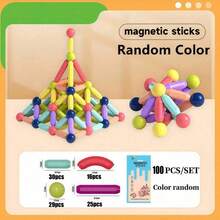 磁力球棒玩具套装，磁性积木儿童玩具蒙特梭利磁铁玩具，适合幼儿的建筑玩具，学龄前学习 STEM 感官玩具，适合男孩和女孩，创意儿童游戏幼儿玩具，颜色随机，适合节日/生日礼物的磁性玩具