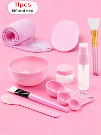 11件套DIY面膜混合工具套装，包含DIY面膜混合碗、硅胶面膜碗、面膜护理工具、化妆碗、刮刀、量勺、喷雾瓶、洁面粉扑、美容工具套装、返校礼物、入门套装、便携式面膜护肤工具套装、多功能套装、适合日常使用、可调节女士SPA头带