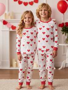 Match Family Valentines Day Pjs Set Long Sleeve Tops + Heart Print Pants Set Loungewear Casual Holiday Lounge Set Pj - White - View 5
