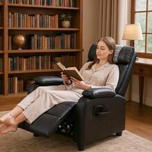 Black PU Faux Leather Recliner Chair - Glam Modern Push Back Chair With Cup Holder, Adjustable Footrest & Ergonomic Lumbar Support, Easy Clean Sturdy Comfort Chair For Living Room Home Theater Bedroom