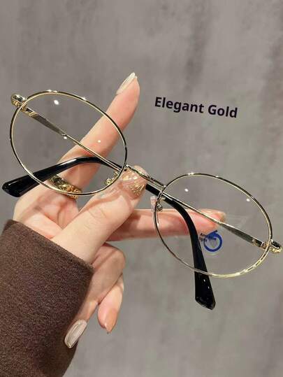 1副女士韩版时尚椭圆形金属框眼镜，适合搭配、装饰、校园、职场、日常通勤、护眼。