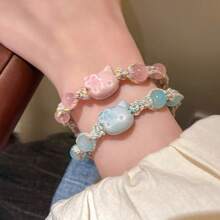 New Chinese Style Blue Cat Beaded Bracelet Cute And Adorable KT Cat Multicolored Woven Rope Sweet Girl Heart Hand Jewelry - S121 Dây thừng nhiều màu sắc  [Xanh dương] - Xem 2