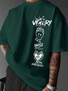 Men's Oversized Streetwear T-Shirt With "Victory &  Face" Slogan Print - Black And White Graffiti Design On The Back, Loose Casual Fit For Summer, Gym, Running Or Parties – Soft And Breathable Crew Neck Shirt (VICTORY/SMILE/RELAX!) - 深綠色 - 查看 1