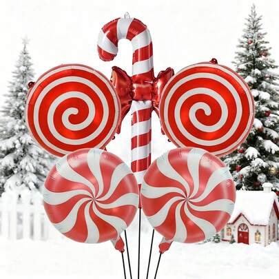 5pcs/Set 18" Red Windmill, Candy, Butterfly, Candy Cane Foil Balloons, Durable Material, Lovely Christmas Decoration Set, Suitable For Christmas Party, New Year Party, Birthday Party Balloon Decor