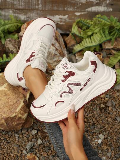 Women's Fashion Platform Chunky Sneakers, Comfortable Versatile Lace-Up Casual Shoes For Spring And Autumn