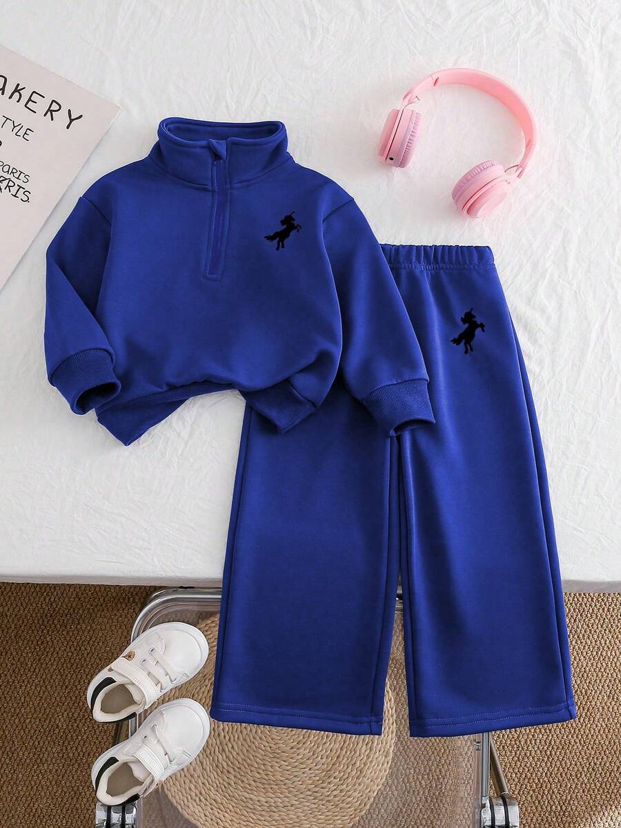 Chatreadl Set de 2 buc. hanorac și pantaloni în culori solide cu broderie unicorni pentru fete, design minimalist, confortabil pentru primăvară, toamnă și iarnă - Albastru regal - Vizualizare 1