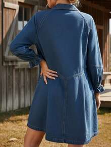 Women's Summer Loose Fit Washed Denim Midi Dress With Collar And Long Sleeves, No Pockets Design With Cuffed Sleeves, Light Blue And Dark Blue Options, Western Country Style, Bohemian Style, And Y2K Vintage Aesthetic, Simple And Easy To Style For Daily Outings, City Walks, Country Music Festivals, Vacation Travel, Date Looks, And Valentine's Day Outfits - Xanh đậm - Xem 2