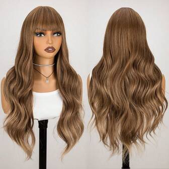 Brown Wavy Wig With Bangs For Women 24inch Wavy Curly Wigs Heat Resistant Synthetic Fiber, Comfortable Rose Mesh Cap, Perfect For Daily Wear