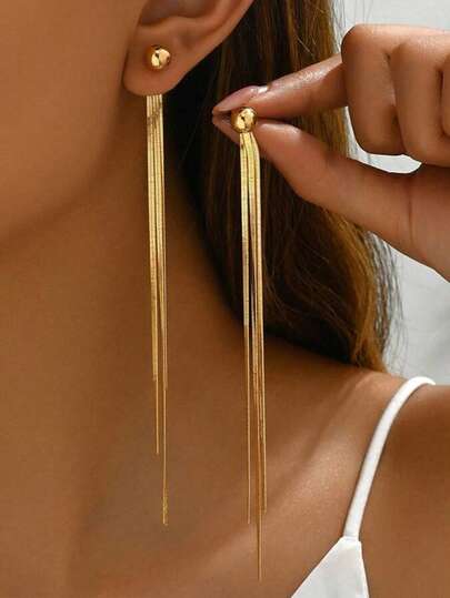2pcs Simple Daily Long Tassel Earrings, Elegant Romantic Korean Retro Fashion Earrings, Suitable For Daily Wear, Gifts, Parties And Gatherings