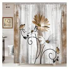 Rustic Farmhouse Shower Curtain - Farm Tan Cream Daisy Floral Flowers And Butterfly On Country Wooden Background For Bathroom, Beige Brown With 12 Hooks, 70x70IN - 多色580 - 查看 3