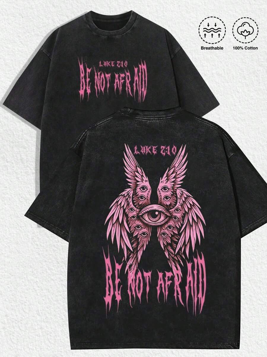 1 PCS "Retro Religious-Gothic 'BE NOT AFRAID' Pink Multi-Eye Winged Angel Illustration & Luke 2:10 Verse" Print Black T-Shirt, Vintage Distressed Aesthetics, Spring/Summer Men Women Clothes, Regular Fit T-Shirt, Christmas & Religious-Gothic Gatherings, Men's Women's Casual Everyday Top, They Are Excellent Gifts For Faith & Gothic Enthusiasts, 100% Cotton Tees Feature, A Youthful And Edgy Design, Graphic Tees Men, Graphic Tees Women, Urban Fashion, Street Style, Gothic Events, Daily Leisure (Unisex Retro Faith-Gothic Tee, Eye-Catching Pick For Christmas) - màu đen - Xem 1
