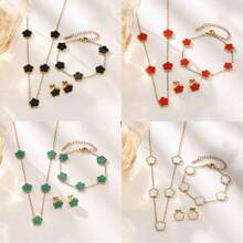 Conjunto de joyería de collar, pulsera y aretes con colgante de flor de 5 pétalos de acero inoxidable, accesorios de moda versátiles, mejor regalo para mujeres